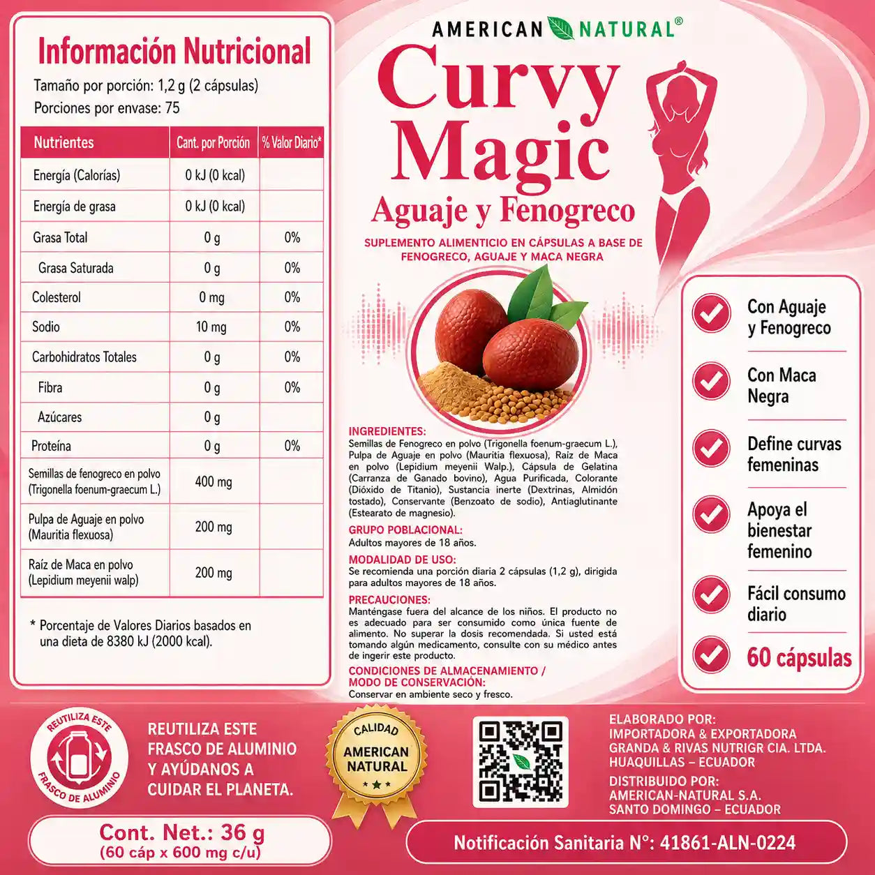 Ingredientes de Curvy Magic aguaje fenogreco y maca negra